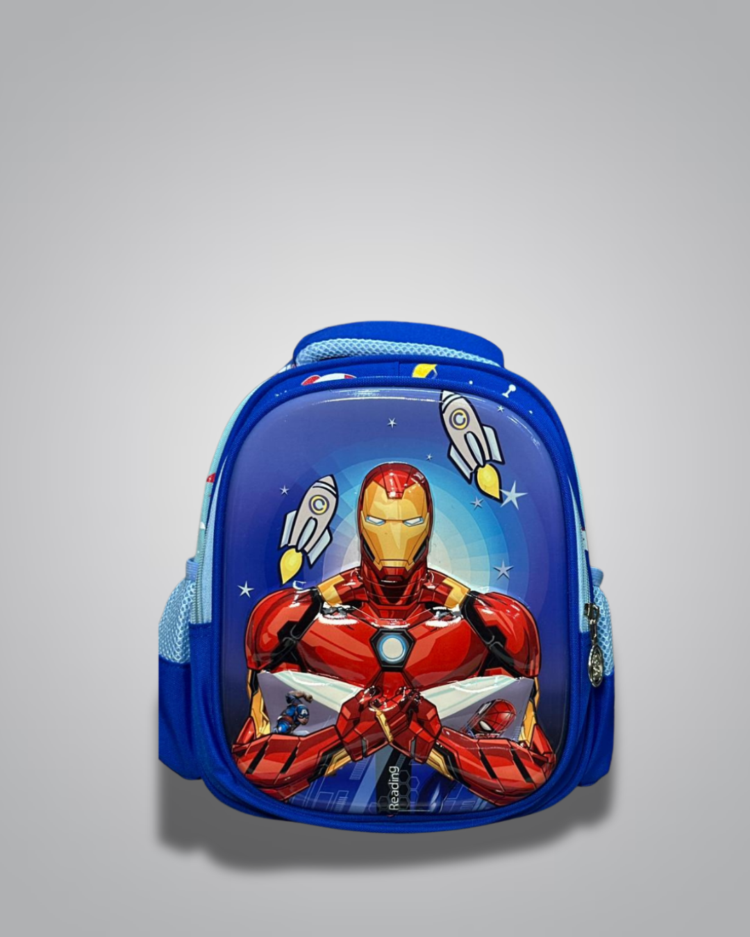 Front view of Iron Man-themed kids backpack with rockets and stars- Valentino Impex

