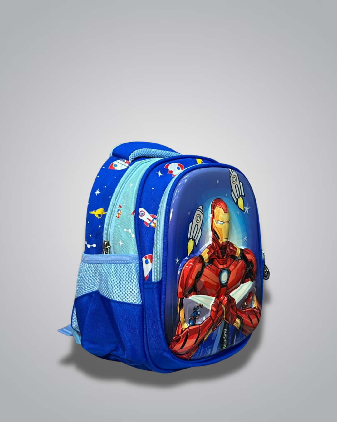 Blue backpack with superhero design on a gray background- Valentino Impex