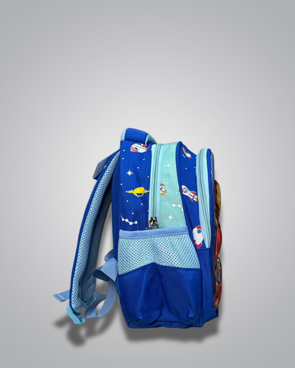 Children's blue backpack with space-themed design on a gray background- Valentino Impex