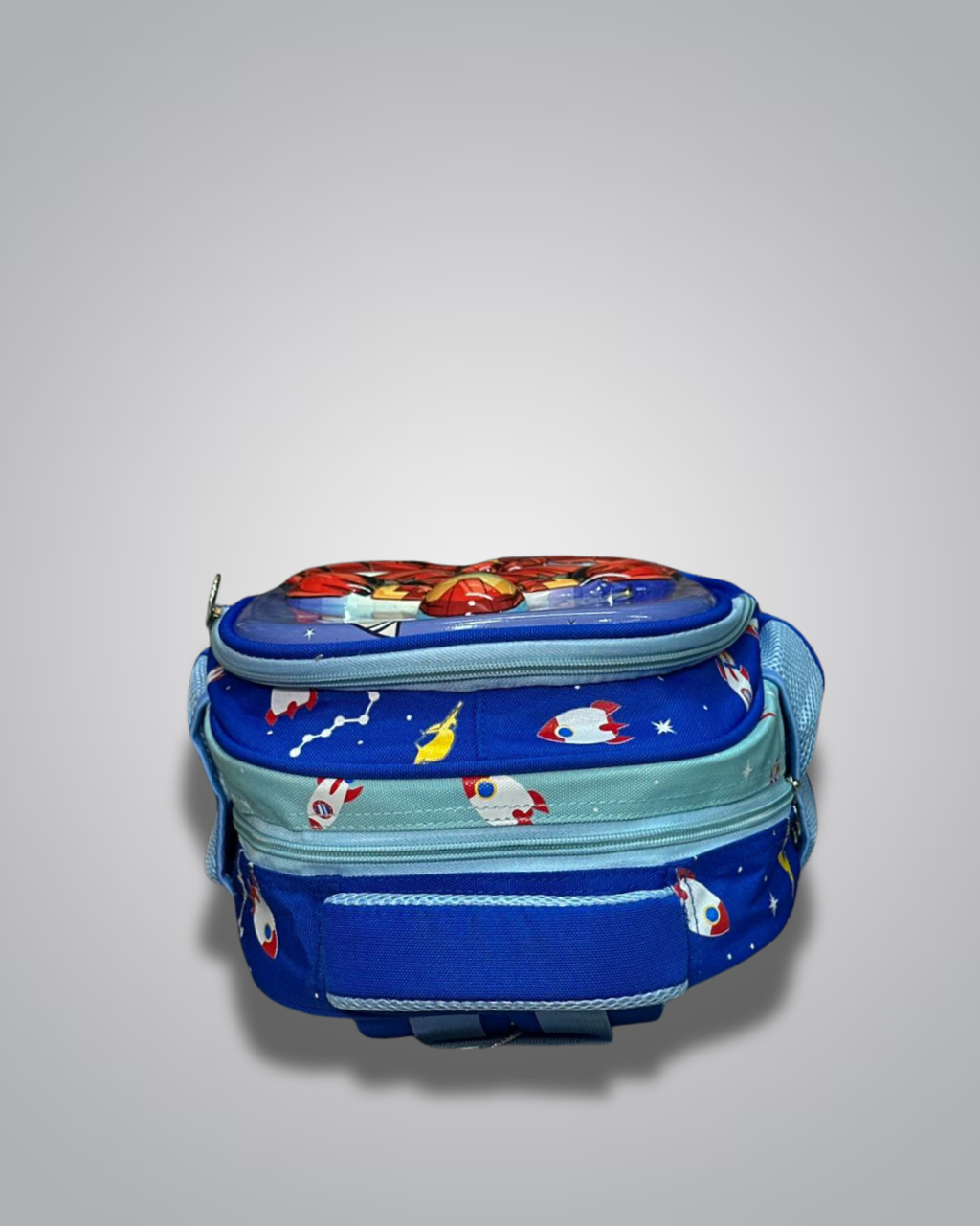 Blue children's lunch bag with cartoon design on a gray background- Valentino Impex
