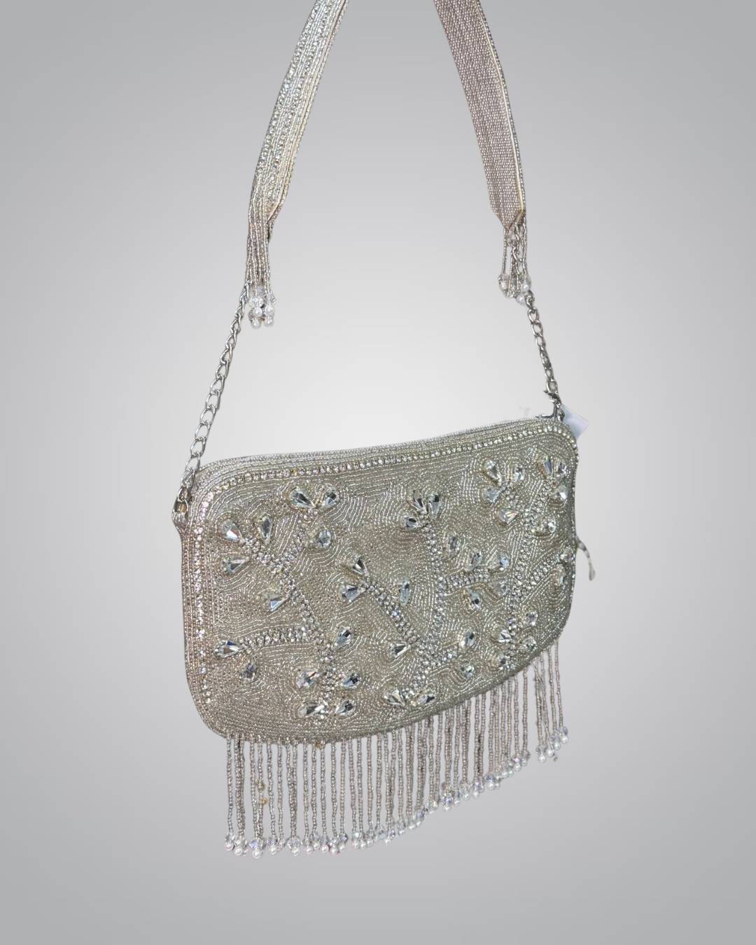 Elegant Beaded Fringe Evening Bag – Gold & Silver Variants