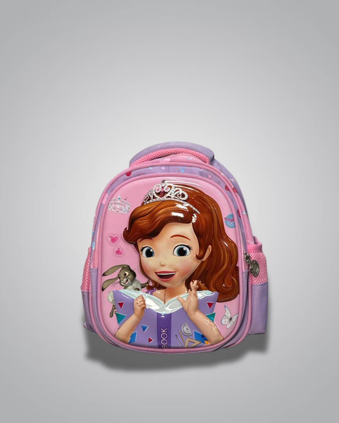 Pink backpack with a character design on a gray background- Valentino Impex