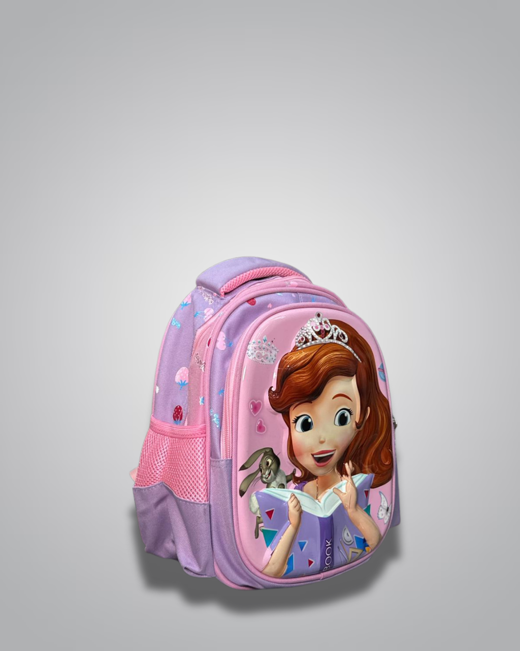 Children's backpack with Sofia the First design on a gray background- Valentino Impex