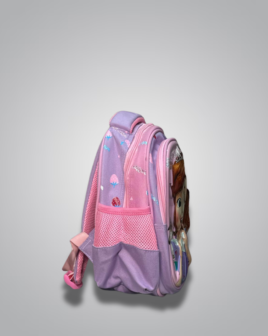 Children's backpack with pink and purple design on a gray background- Valentino Impex