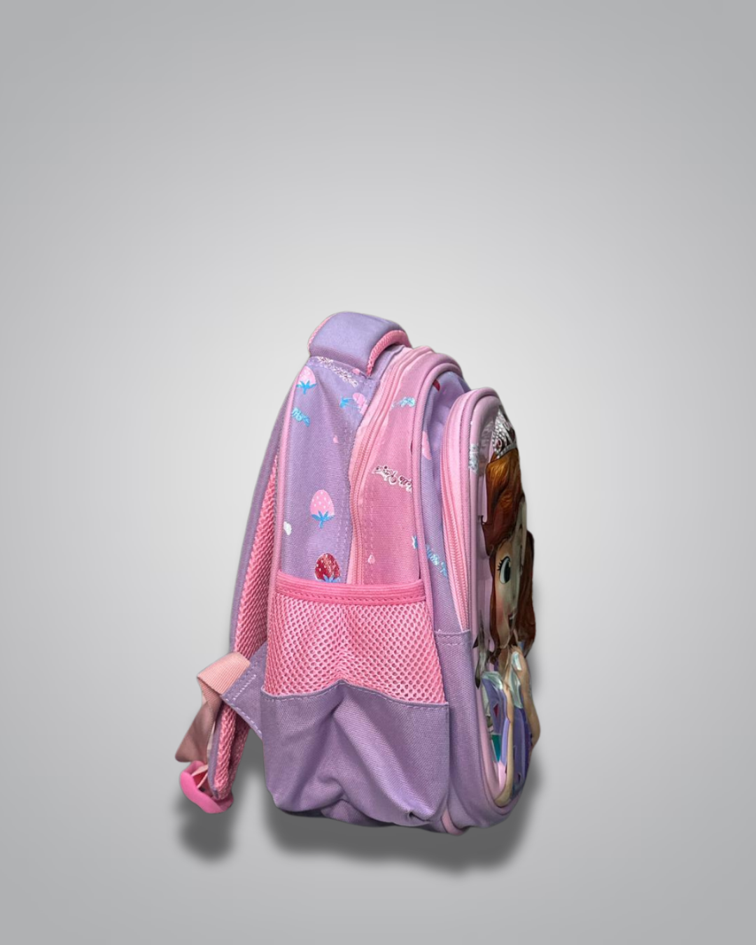 Children's backpack with pink and purple design on a gray background- Valentino Impex