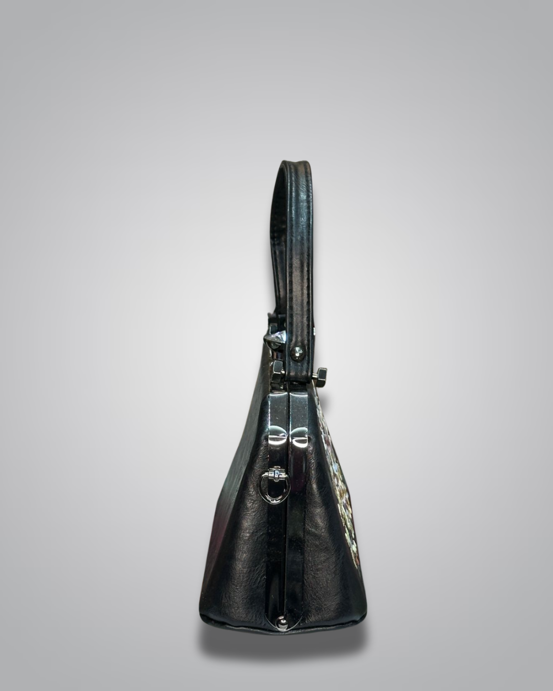 Black handbag with floral embroidery on a gray background-Valentino Impex