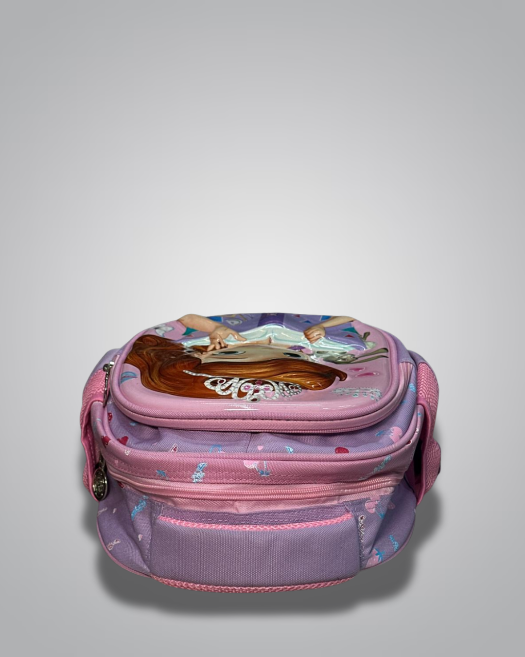 Pink and purple lunch bag with character design on a light gray - Valentino Impexbackground