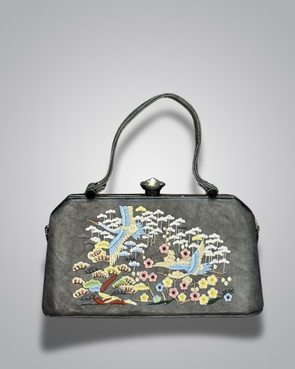 Embroidered handbag with floral and landscape design on a gray background- Valentino Impex