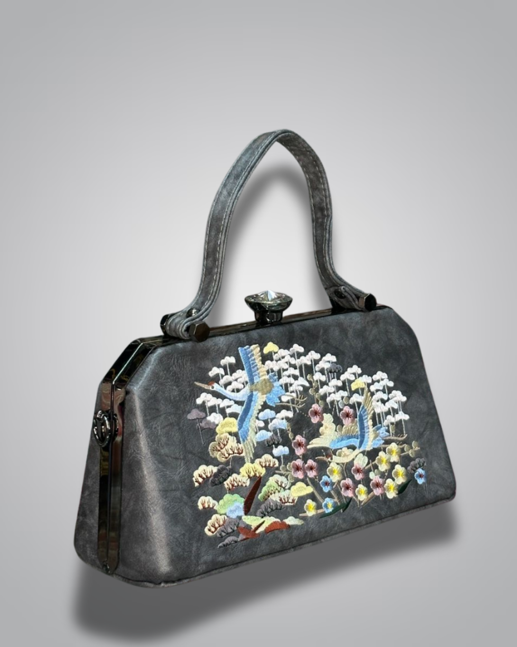 Embroidered handbag with floral and landscape design on a gray background- Valentino Impex