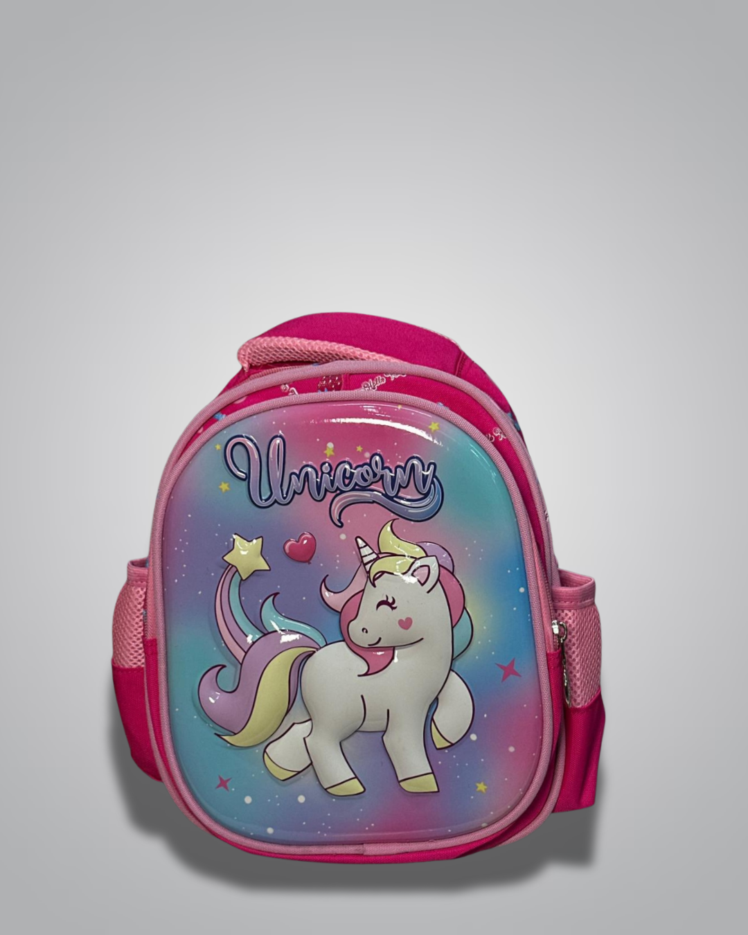 Front view of pink kids backpack with magical unicorn and rainbow print design- Valentino Impex

