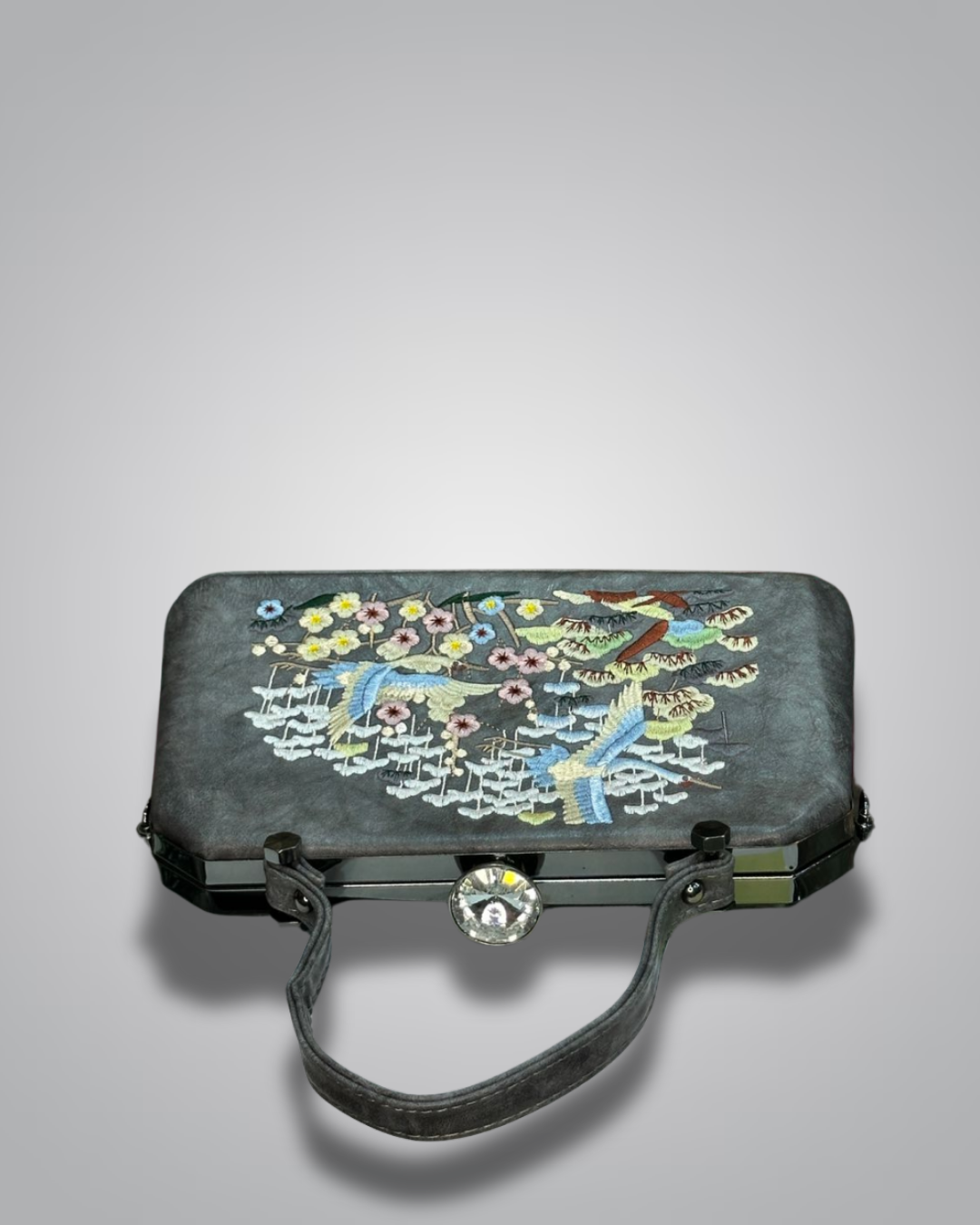 Embroidered handbag with floral and landscape design on a gray background- Valentino Impex