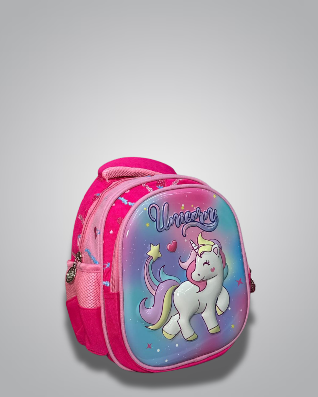 Pink backpack with unicorn design on a gray background- Valentino Impex