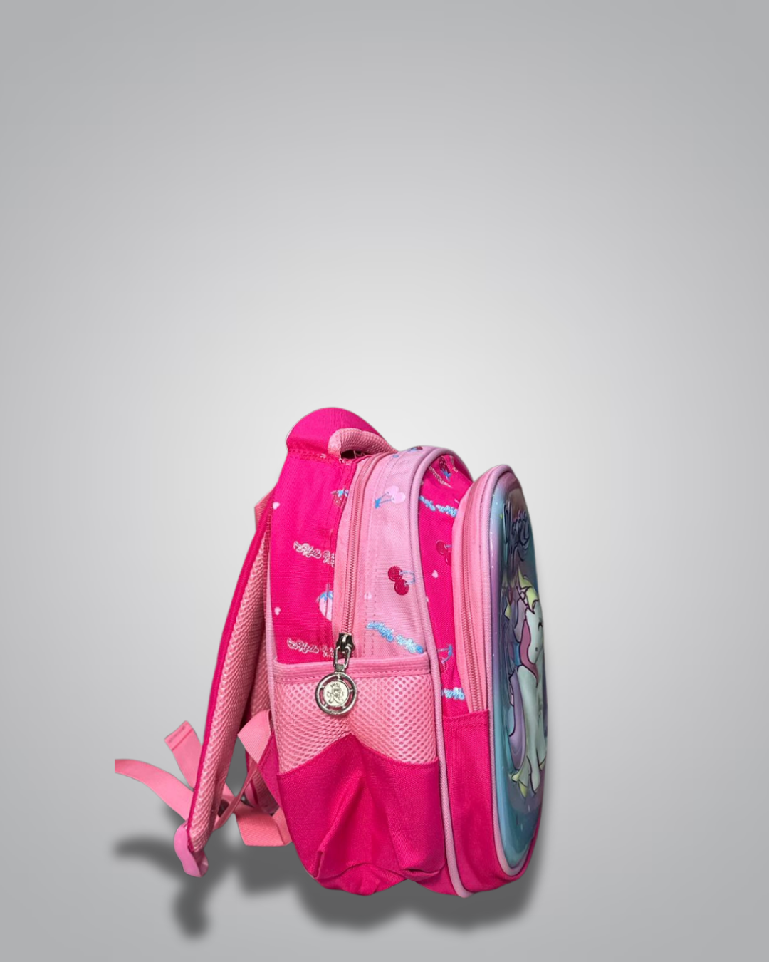 Pink backpack with cartoon character on a gray background- Valentino Impex