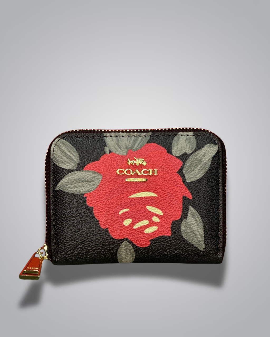 Coach Signature Zip Wallet in black with large red rose graphic and gold Coach logo- Valentino Impex

