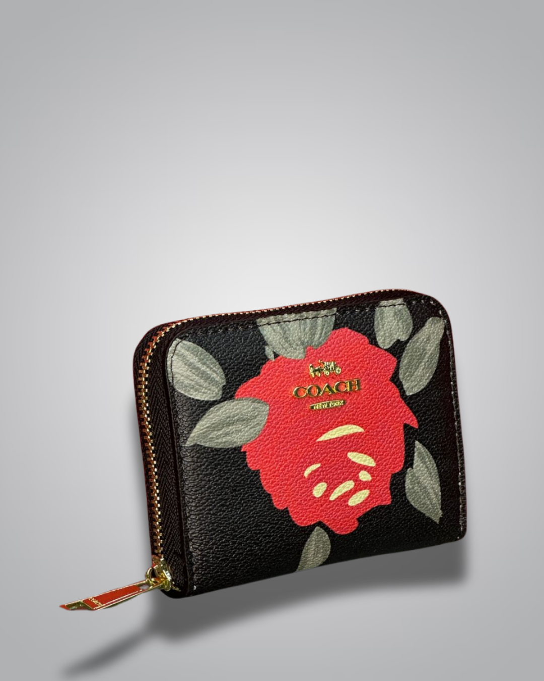 Coach Signature Zip Wallet in black with large red rose graphic and gold Coach logo- Valentino Impex
