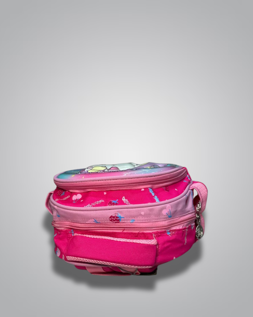 Pink children's backpack with cartoon designs on a gray background- Valentino Impex