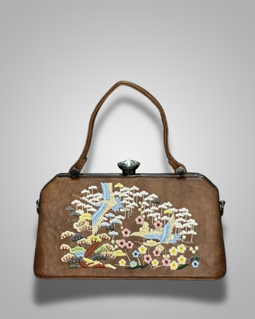 Brown handbag with floral and bird embroidery on a gray background- Valentino Impex
