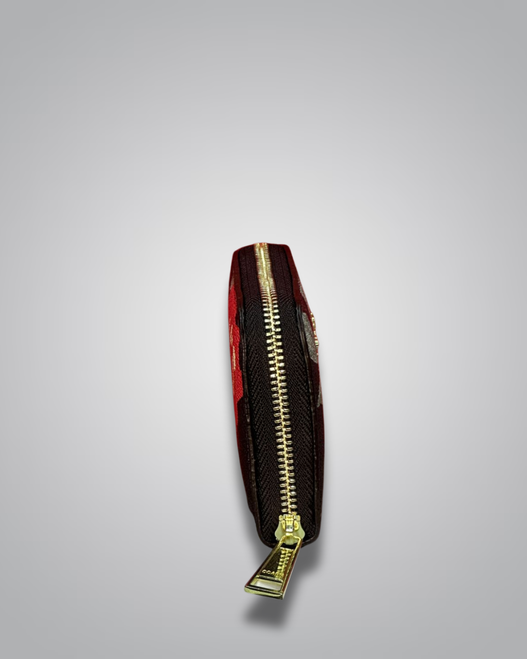 Coach Signature Zip Wallet in black with large red rose graphic and gold Coach logo- Valentino Impex
