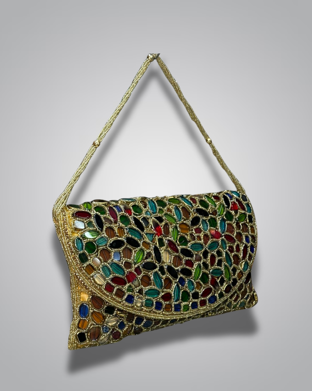 Elegant Beaded Party Bag with Multicolor Stones and Pearl Embellishments