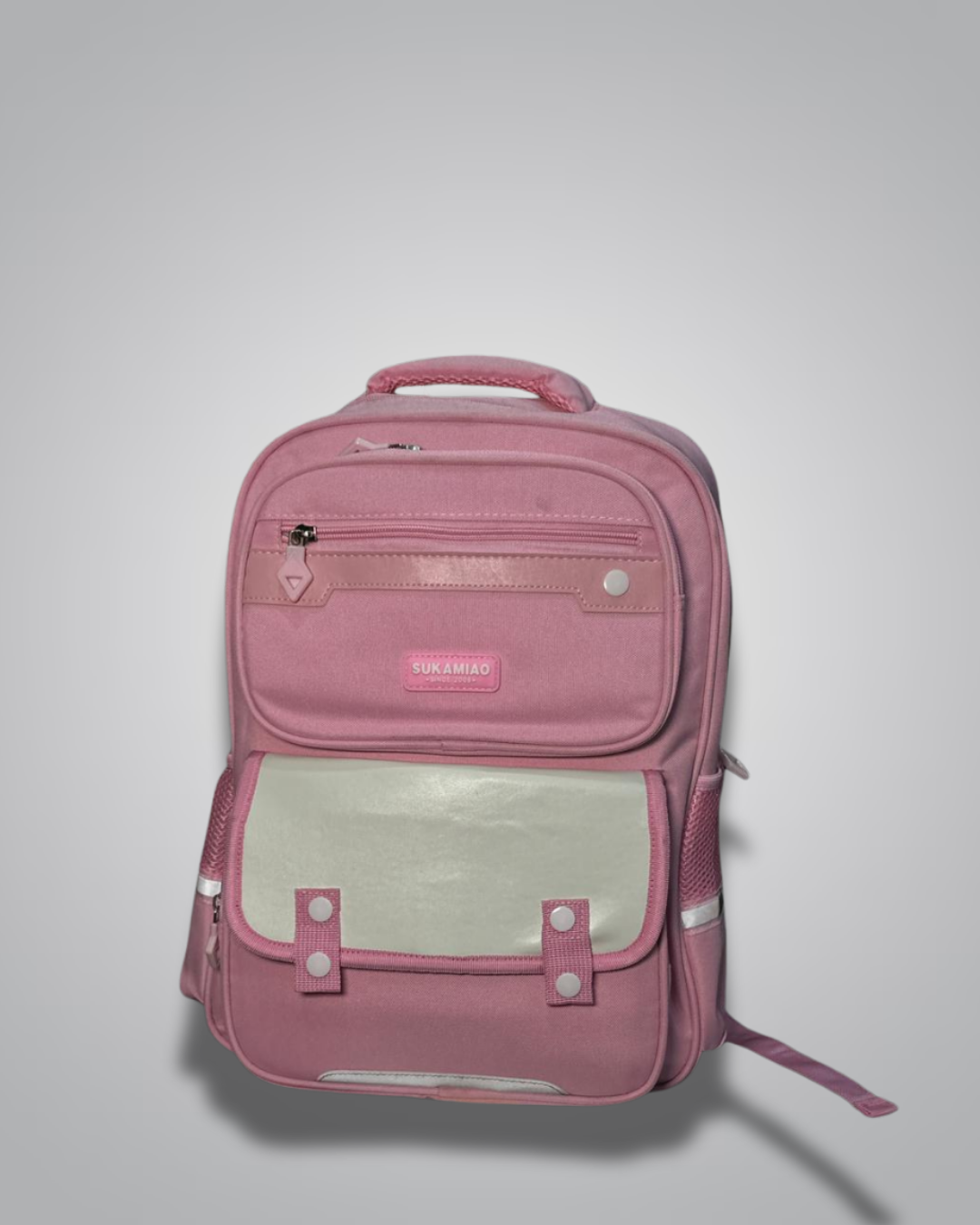 Front view of SUKAMIAO soft pink school backpack with flap and zip pockets- Valentino Impex

