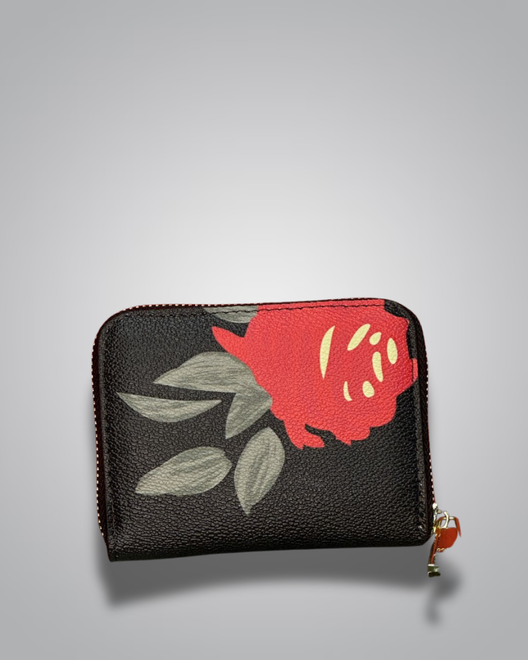 Coach Signature Zip Wallet in black with large red rose graphic and gold Coach logo- Valentino Impex
