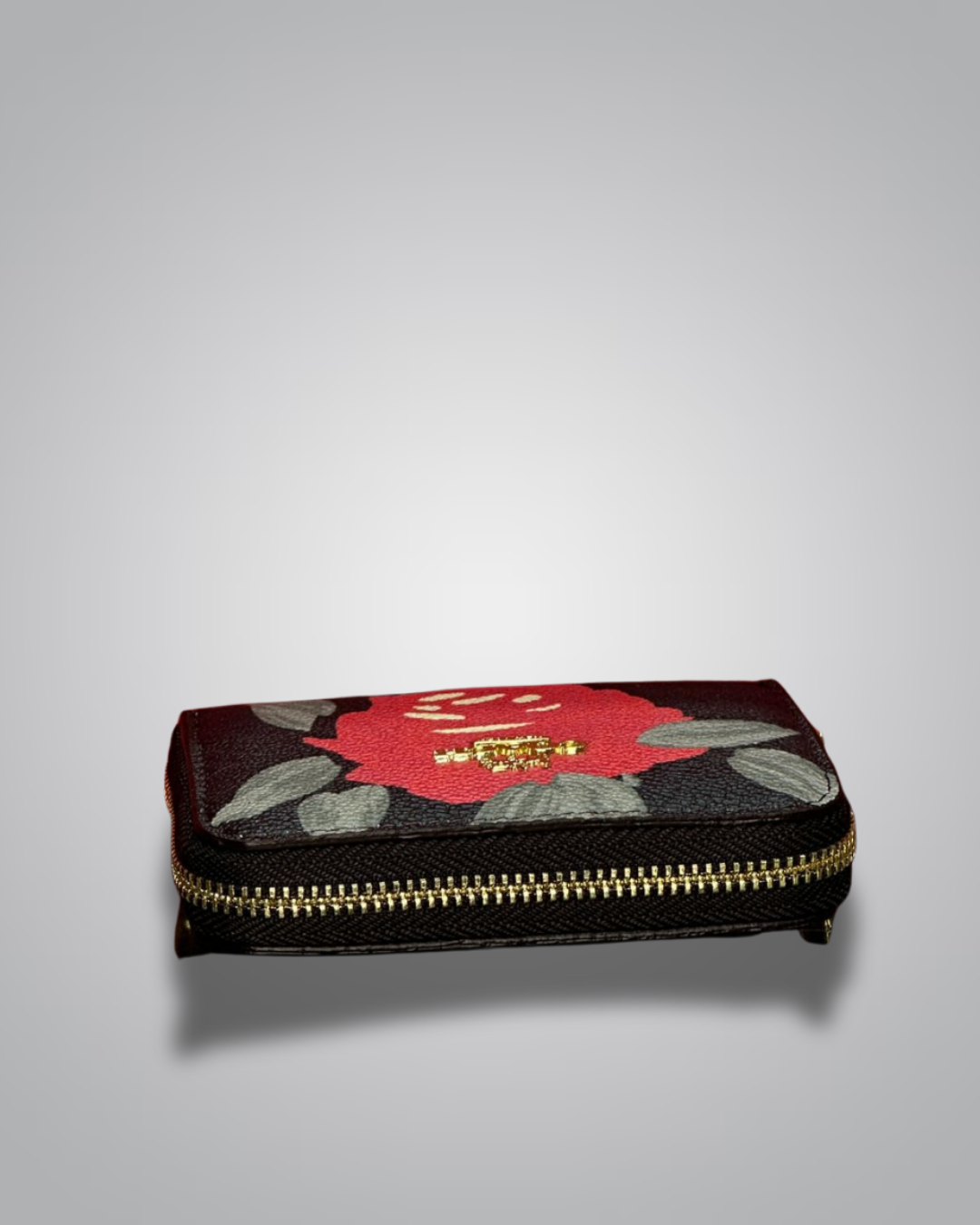 Coach Signature Zip Wallet in black with large red rose graphic and gold Coach logo- Valentino Impex
