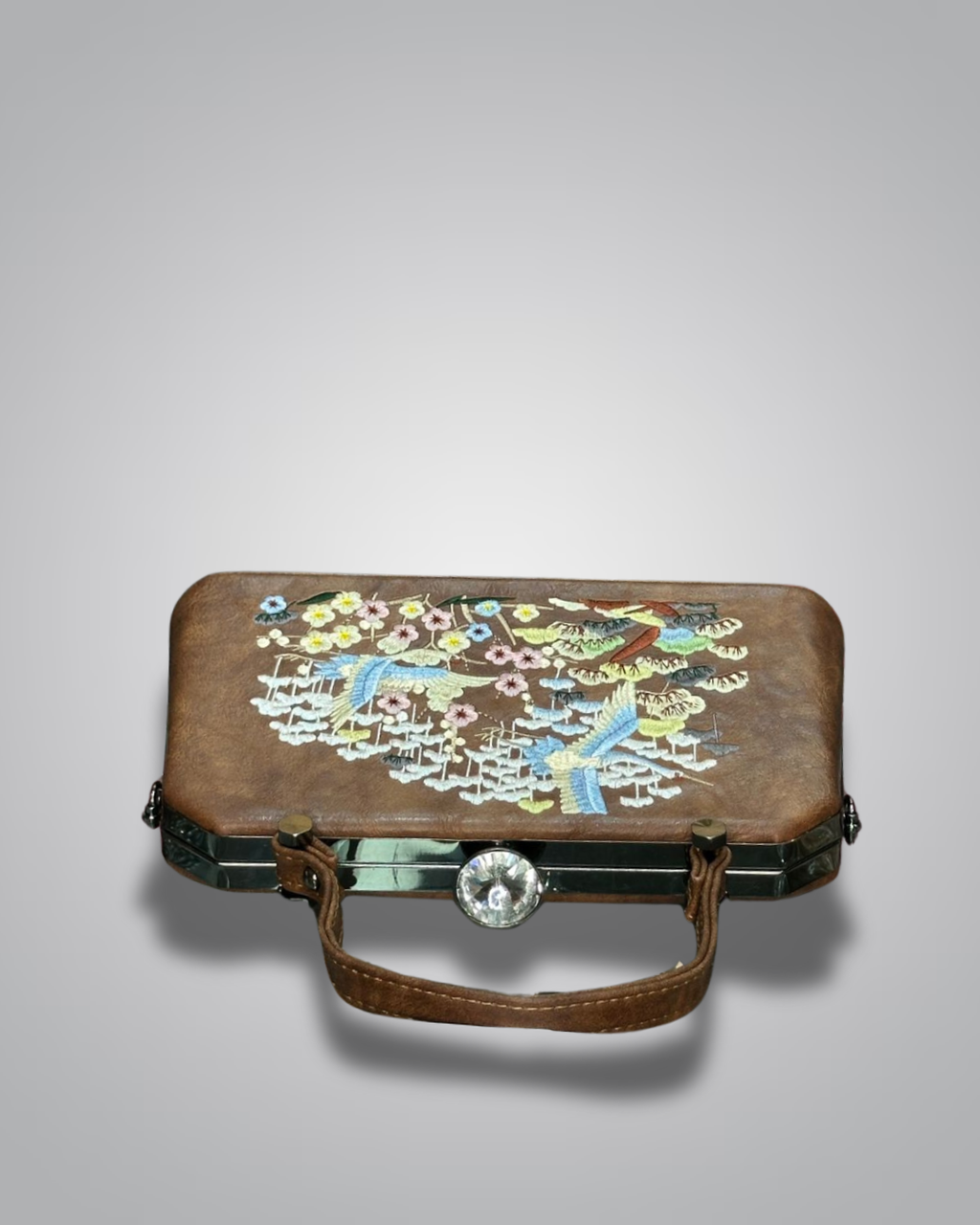 Brown handbag with floral and bird embroidery on a gray background- Valentino Impex