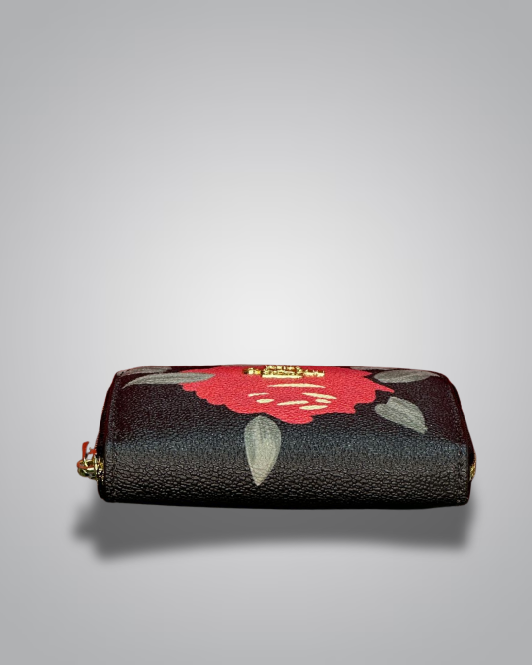 Coach Signature Zip Wallet in black with large red rose graphic and gold Coach logo- Valentino Impex
