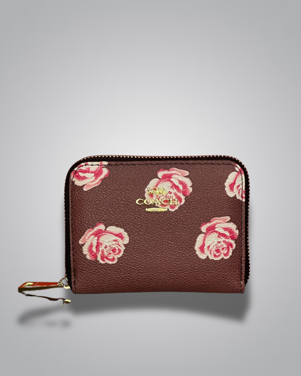Coach chocolate brown zip wallet with pink rose floral print and gold logo- Valentino Impex