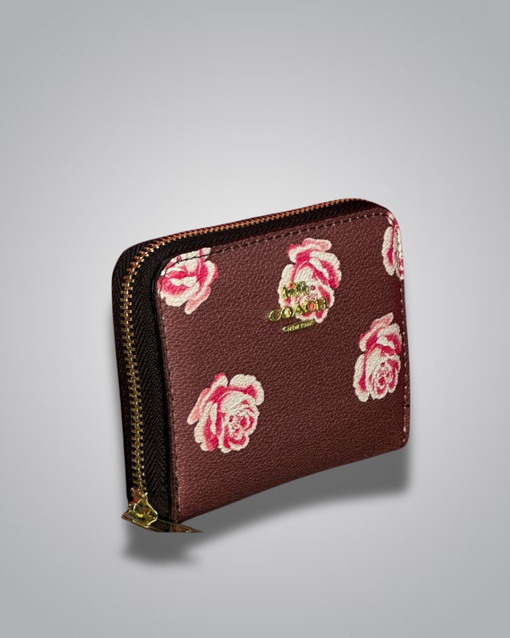 Coach chocolate brown zip wallet with pink rose floral print and gold logo- Valentino Impex
