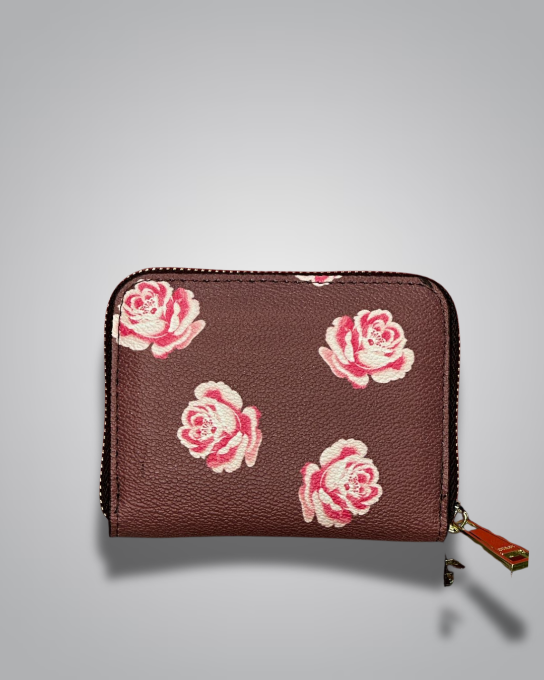 Coach chocolate brown zip wallet with pink rose floral print and gold logo- Valentino Impex