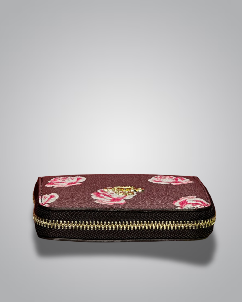 Coach chocolate brown zip wallet with pink rose floral print and gold logo- Valentino Impex