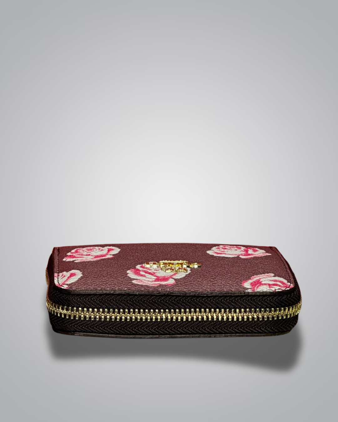 Coach chocolate brown zip wallet with pink rose floral print and gold logo- Valentino Impex