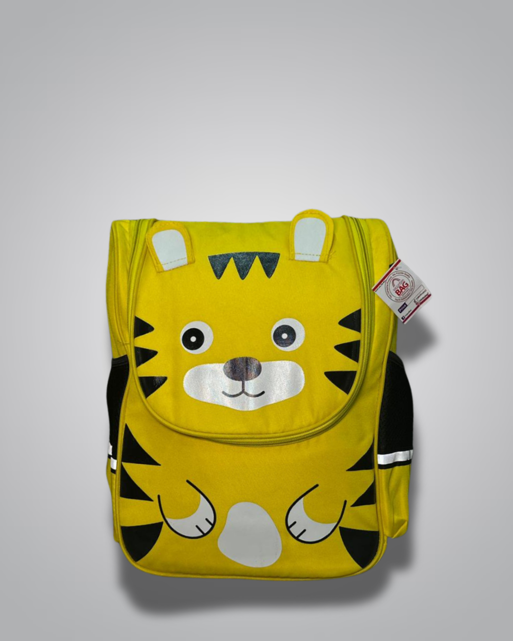 Yellow tiger-themed backpack with a tag on a gray background- Valentino Impex