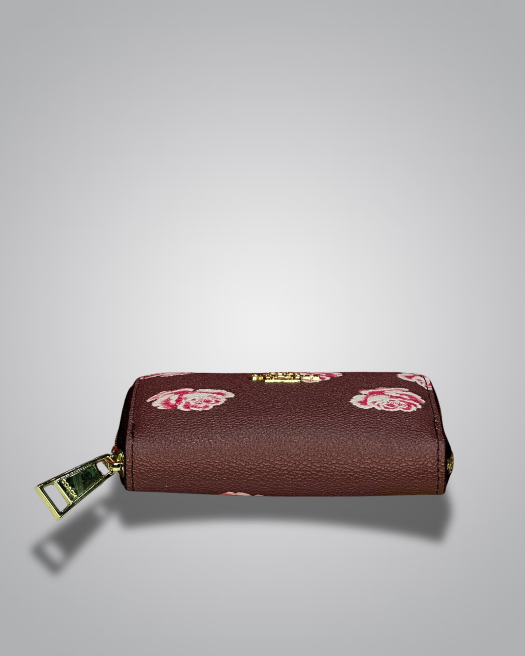 Coach chocolate brown zip wallet with pink rose floral print and gold logo- Valentino Impex
