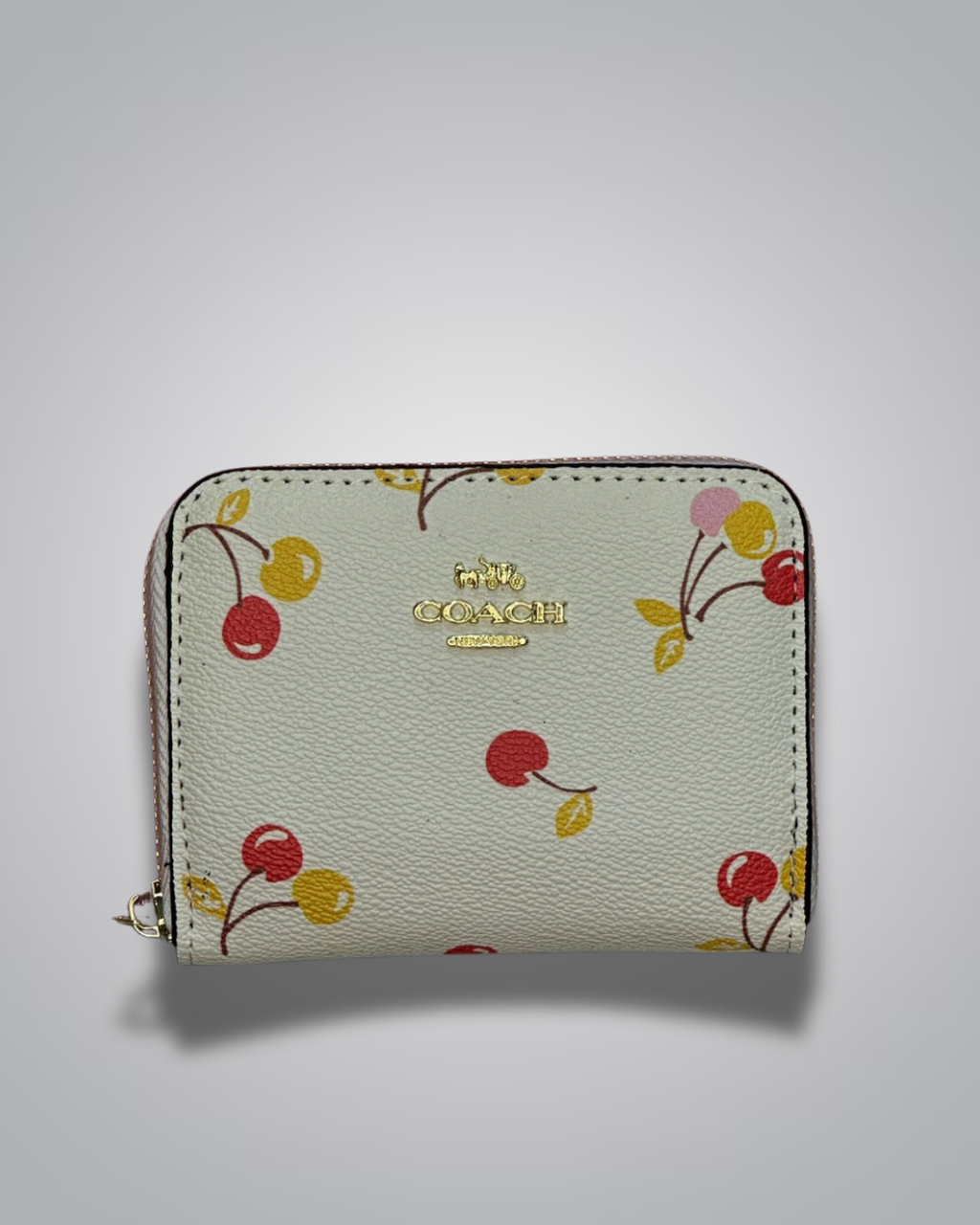 Coach cream zip wallet with red and yellow cherry print and gold Coach logo- Valentino Impex