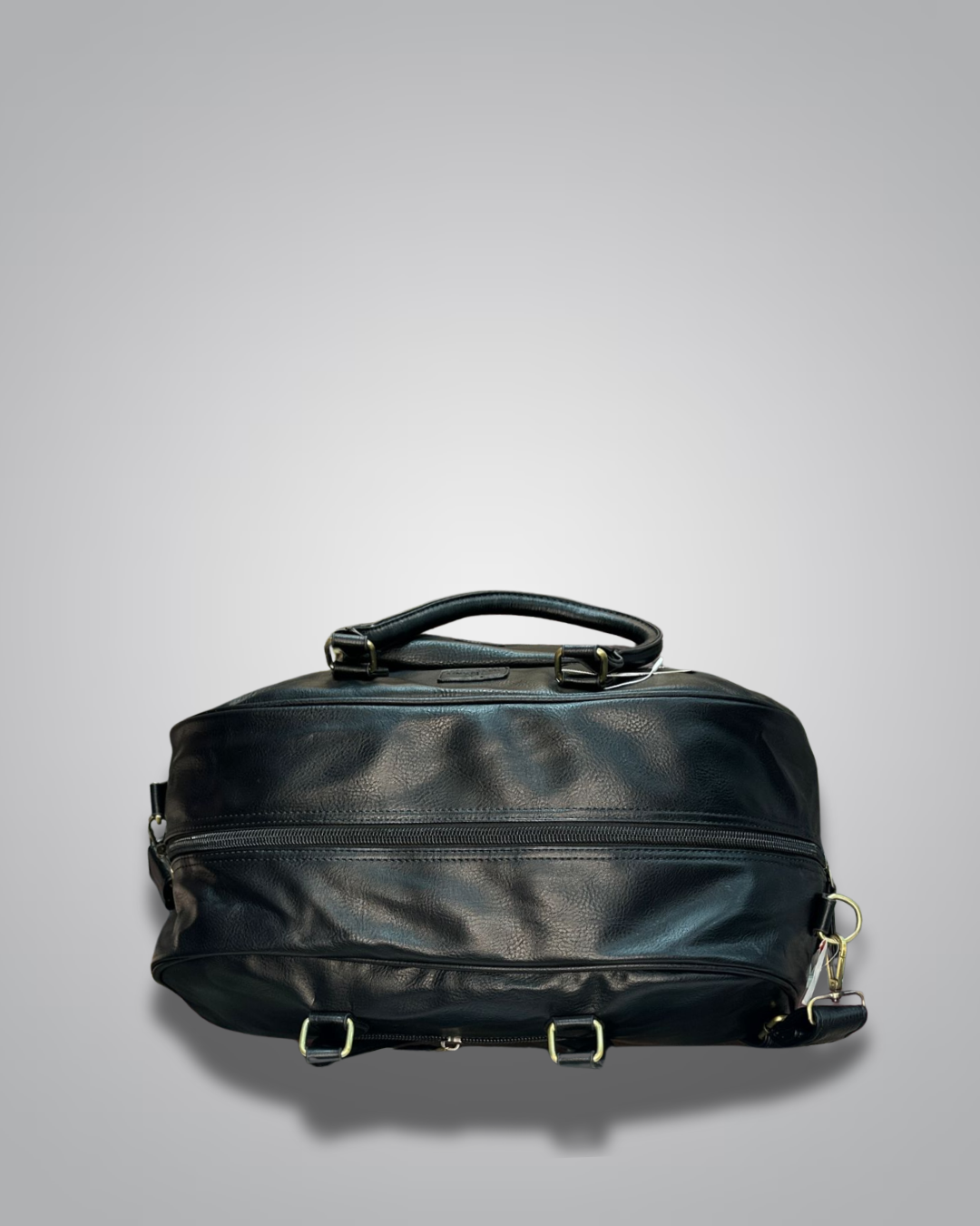Black leather duffel bag on a gray background- Valentino Impex