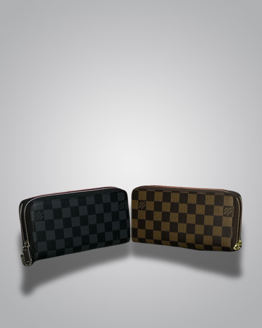 LV-Inspired Checkered Double-Zip Long Wallet – Brown & Black Variants
