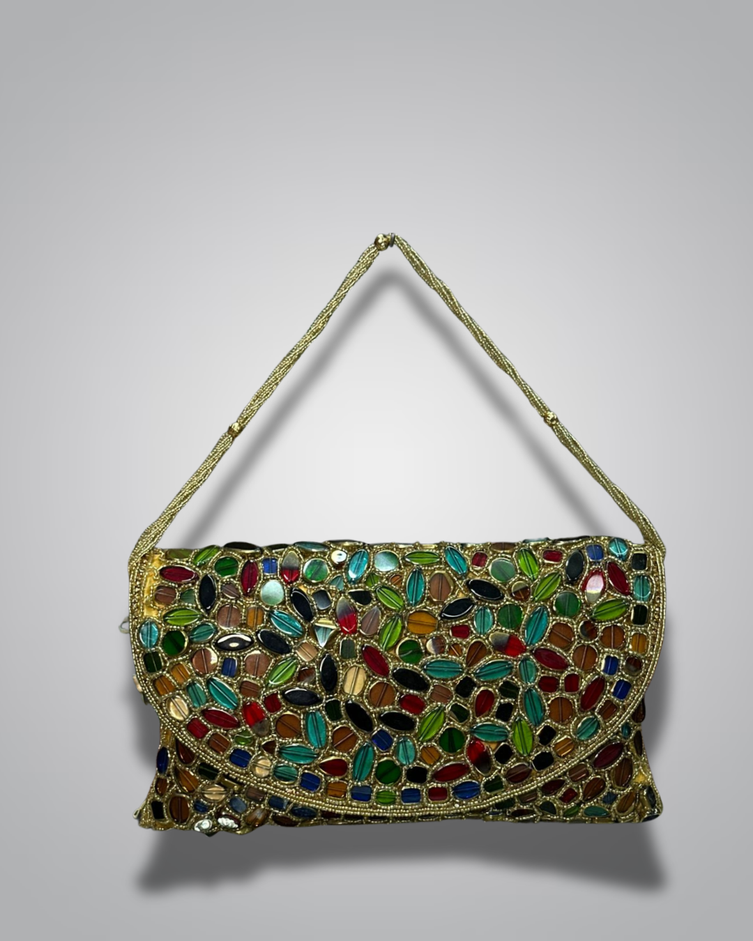 Elegant Beaded Party Bag with Multicolor Stones and Pearl Embellishments
