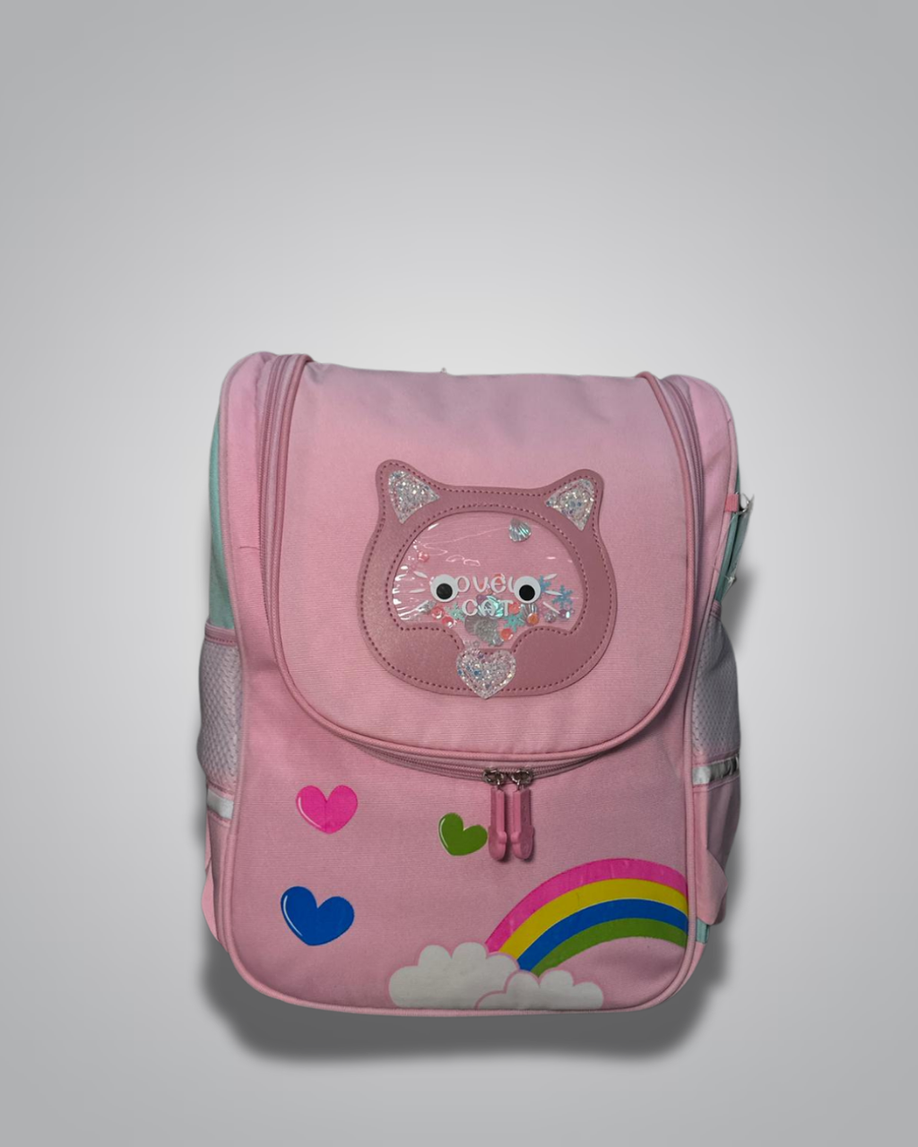 Pink backpack with cat face design and colorful elements on a light gray background- Valentino Impex