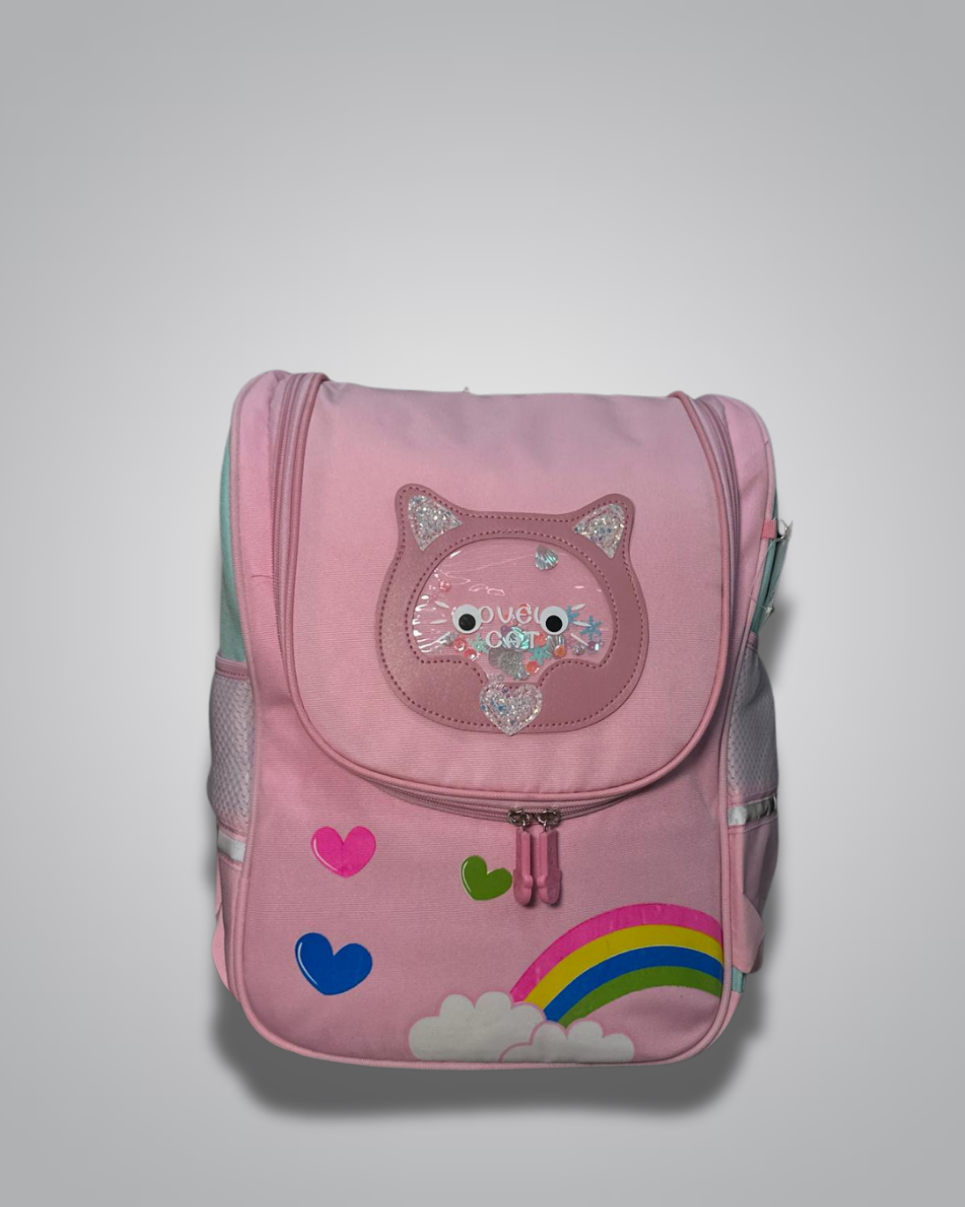 Pink backpack with cat face design and colorful elements on a light gray background- Valentino Impex