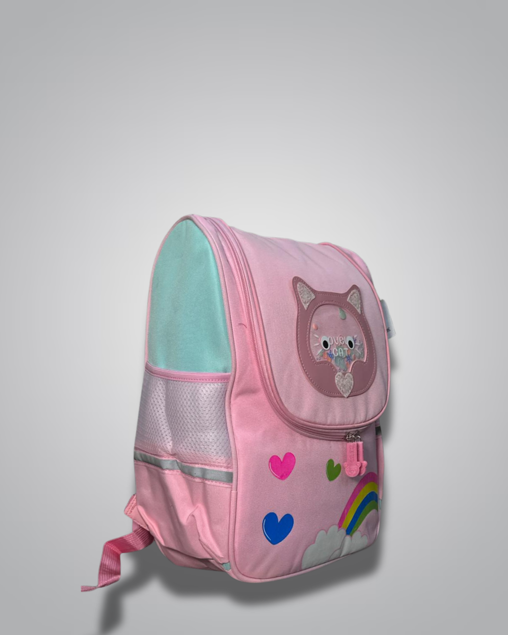 Pink children's backpack with cat design and colorful accents on a light gray background- Valentino Impex