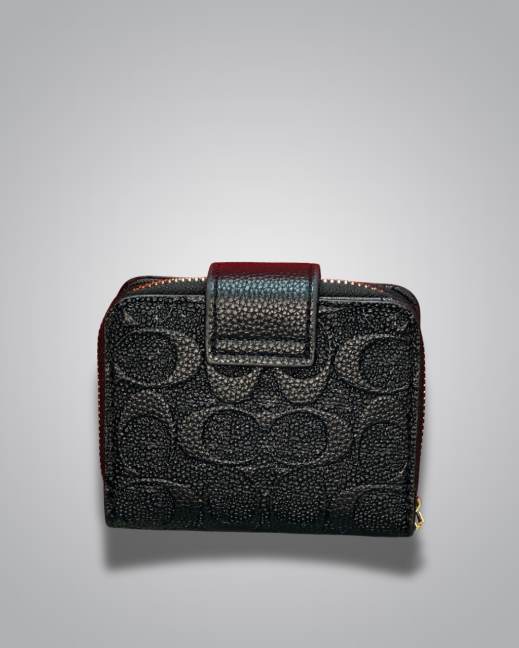 Black wallet with brand logo on a gray background