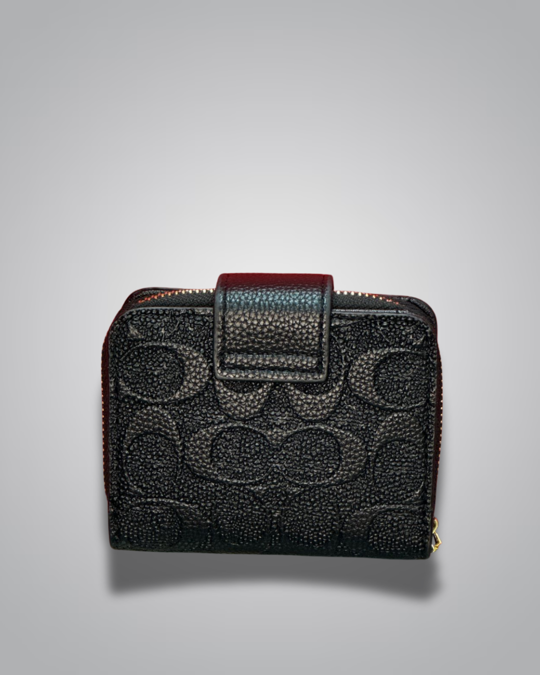Black wallet with brand logo on a gray background