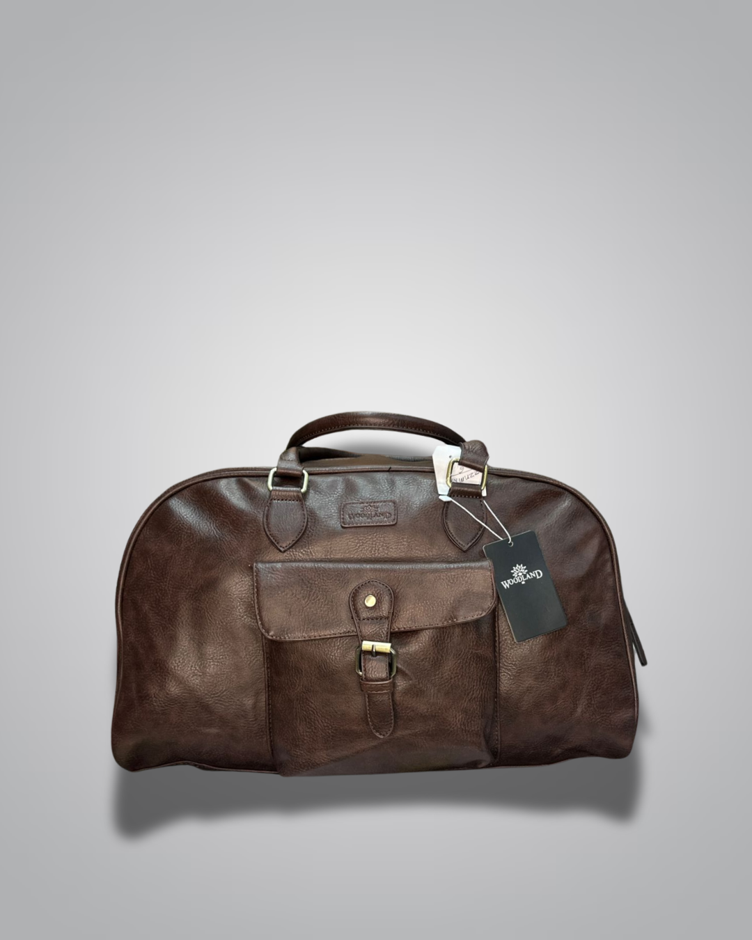 Front view of Woodland dark brown travel bag, Angled side view of Woodland vintage bag- Valentino Impex