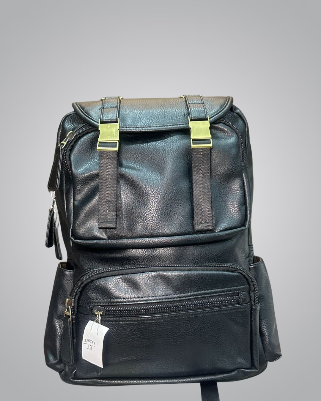 Front view of black leather backpack with gold buckles

