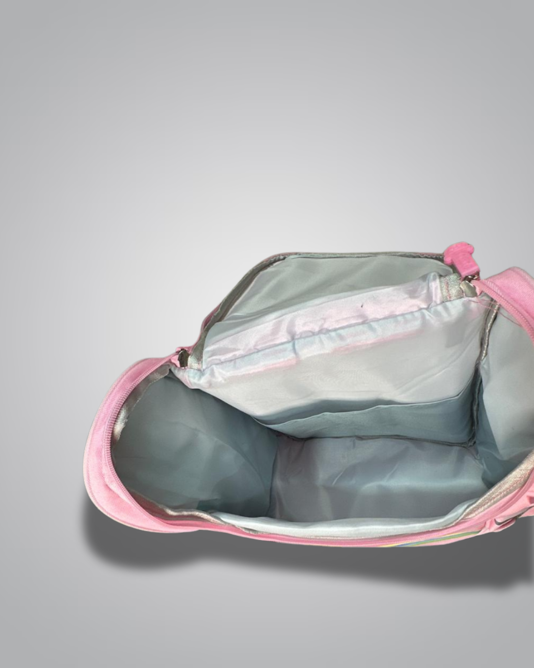 Gray diaper bag with pink trim on a gray background- Valentino Impex