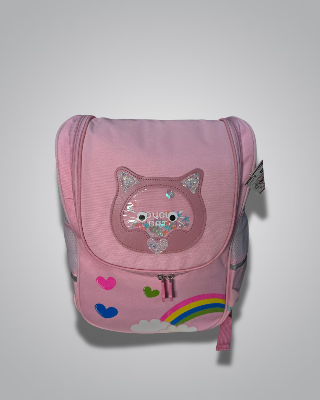 Pink backpack with cat face design on a light gray background- Valentino Impex