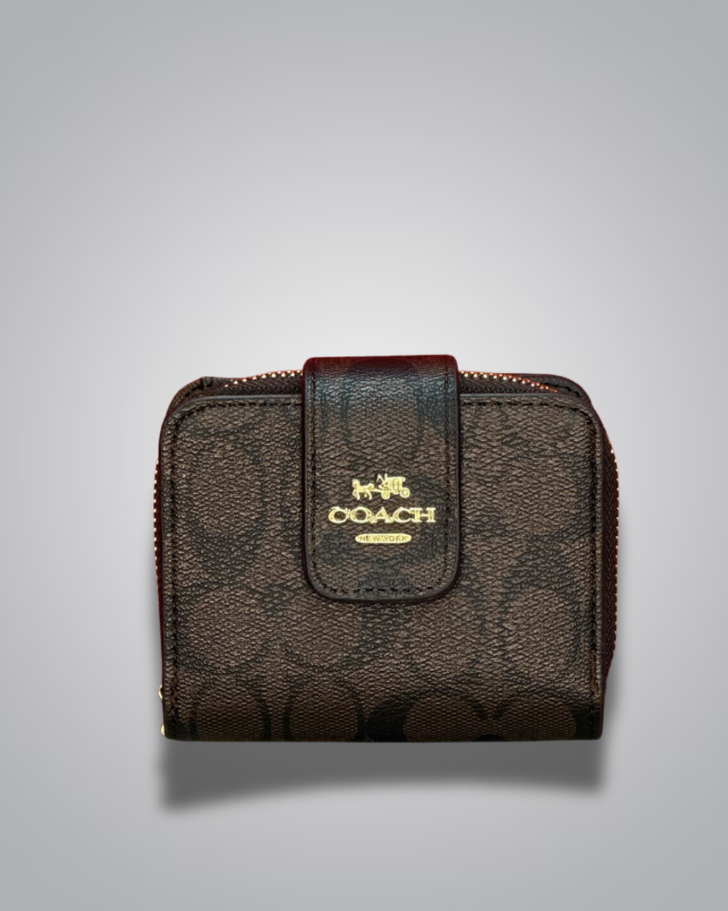 Coach wallet with logo on a gray background