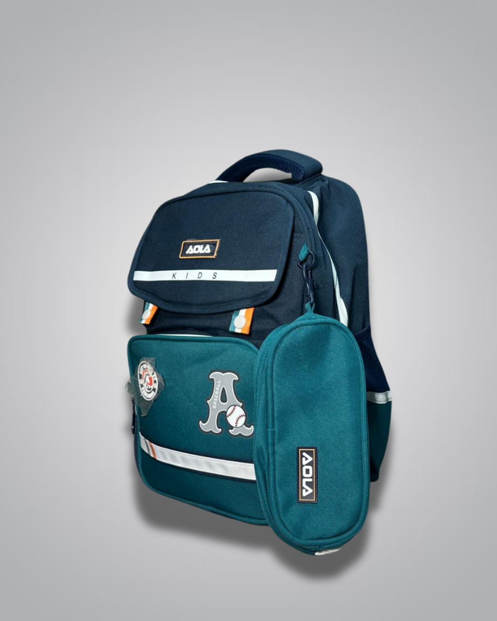 Navy and teal backpack with visible branding on a gray background- Valentino Impex